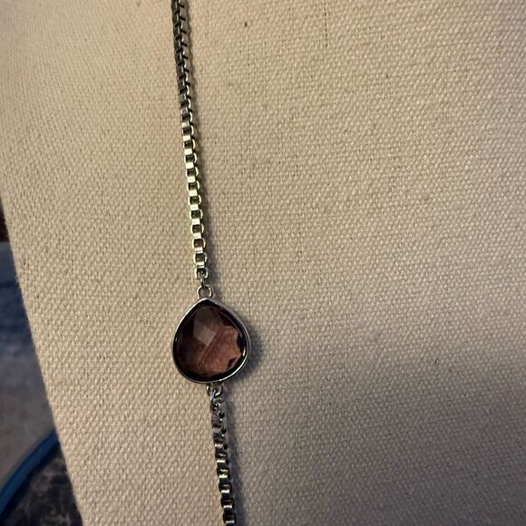 Anne Klein Signed Silver Tone long Box Chain Necklace Toggle Clasp & Oval Stones - Picture 5 of 6